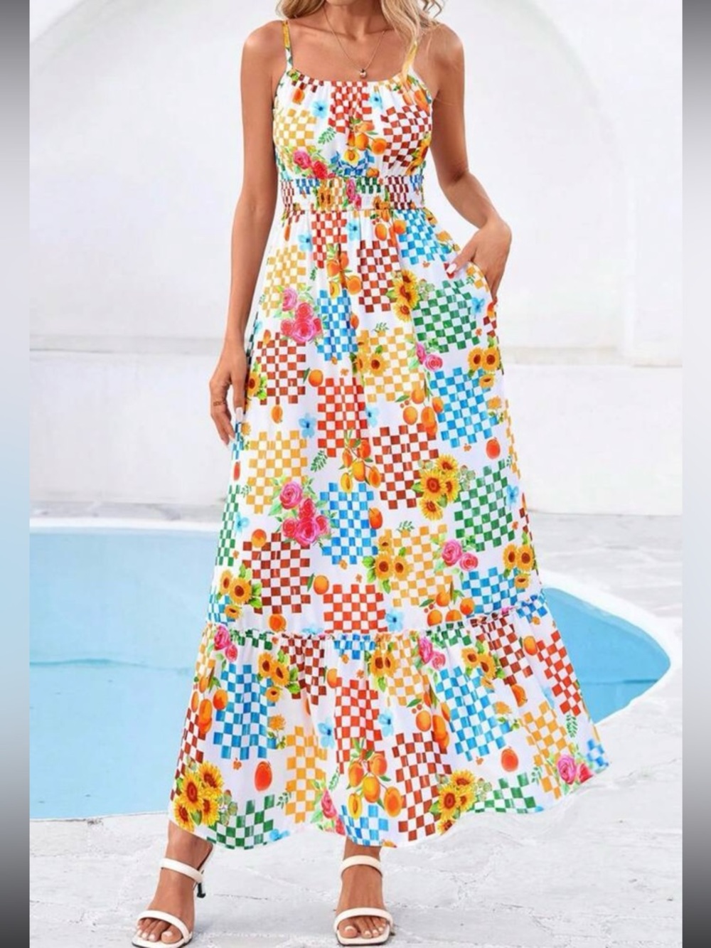 Scoop-Neck Multicolor Checker and Floral Print Maxi Dress